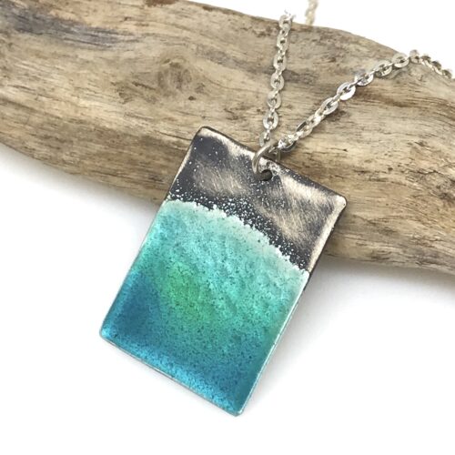 Ocean necklace with beautiful blue and green glass enamel water effect on sterling silver