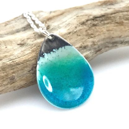 blue beach necklace - enamel and silver teardrop