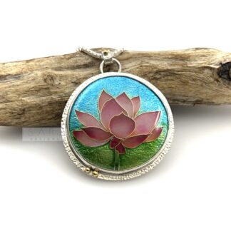 Cloisonne enamel necklace with a pink lotus flower set in sterling silver with 22K gold accents