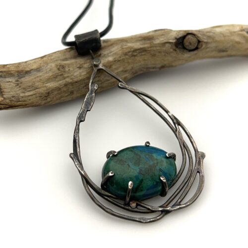 Large waterdrop necklace with chrysocolla malachite cabochon set in sterling silver waterdrop.