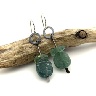 Blue green roman glass beads on hammered sterling silver wire in dark silver patina.