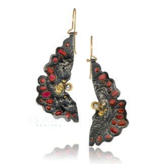 plique-a-jour earrings with red hot enamel in a butterfly wing design with white sapphire gemstones and 18K gold accents.
